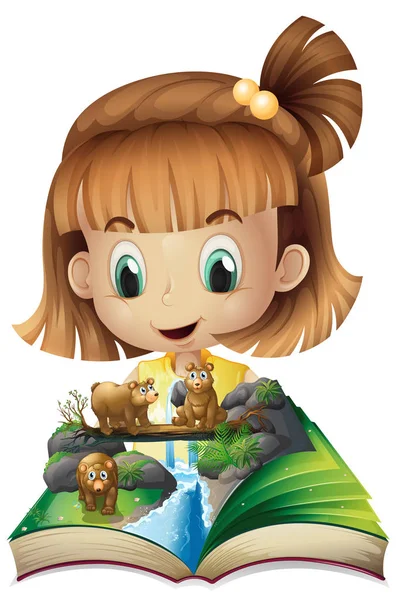 Девушка читает книгу медведей гризли в джунглях — стоковый вектор