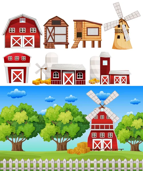 Farm scene with different buildings — Stock Vector