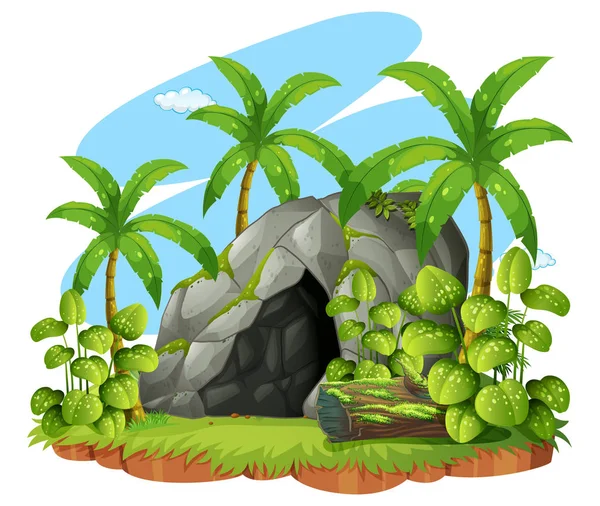 Escena de fondo con cueva en bosque — Vector de stock