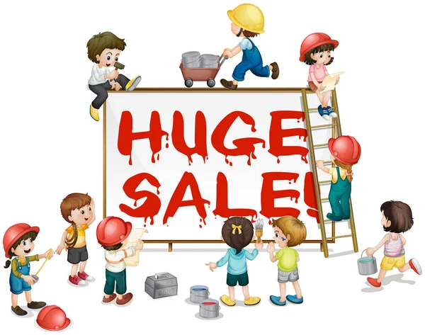 Children painting word huge sale on board — Stock Vector