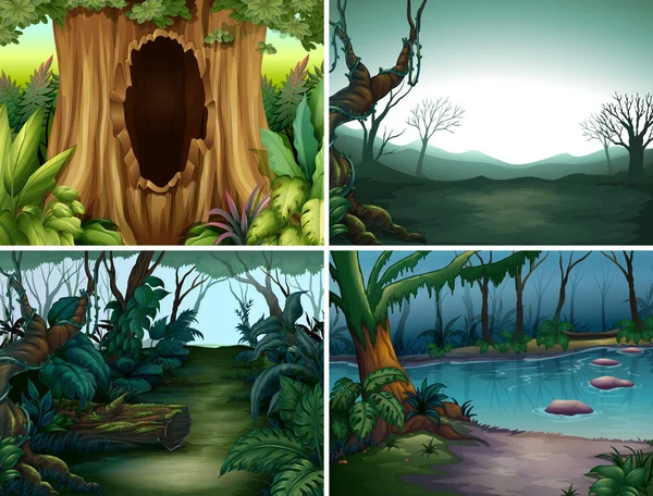 Čtyři scény lesní stromy a řeka — Stockový vektor