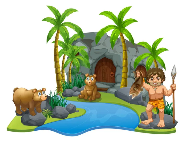 Caveman and two bears by the river — Stock Vector