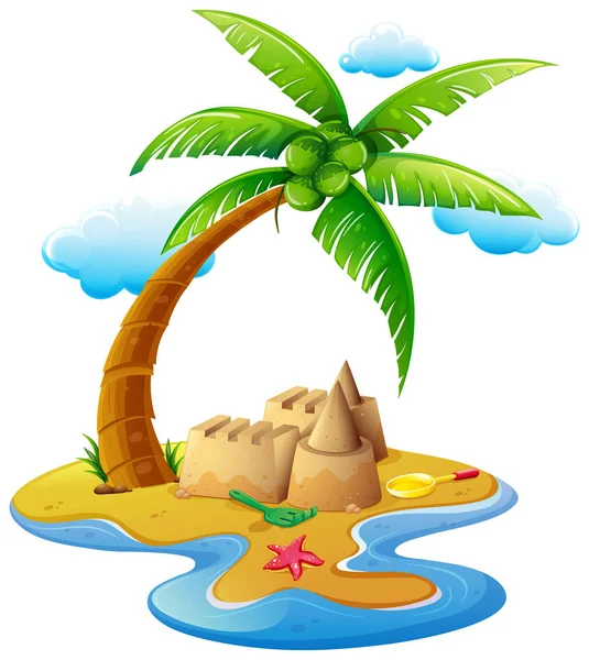 Escena oceánica con castillo de arena en isla — Vector de stock