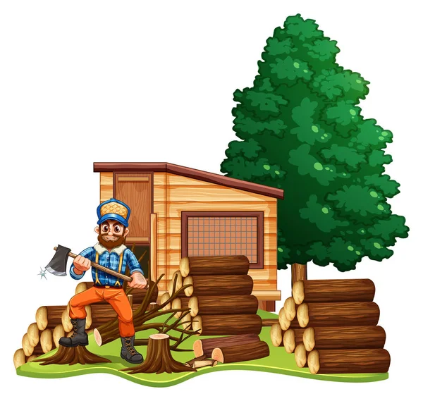 Lumber jack chops woods — Stock Vector