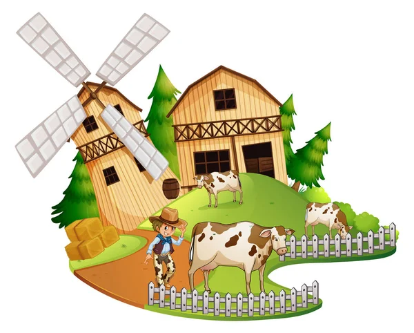 Agricultor e vacas na fazenda — Vetor de Stock