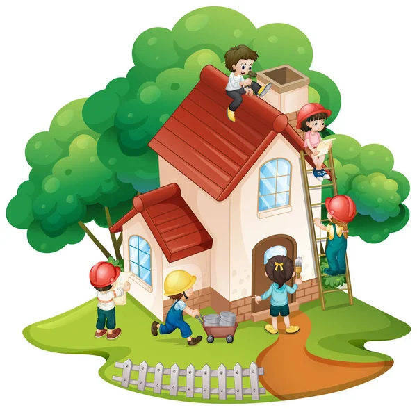 Enfants construisant petite maison — Image vectorielle