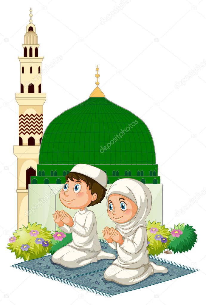 Two muslim kids praying at mosque