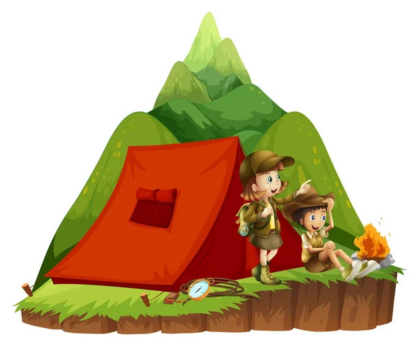 Dos niños acampando en la montaña — Vector de stock