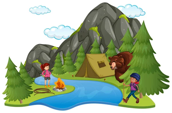 Camping site with campers and big bear — Stock Vector