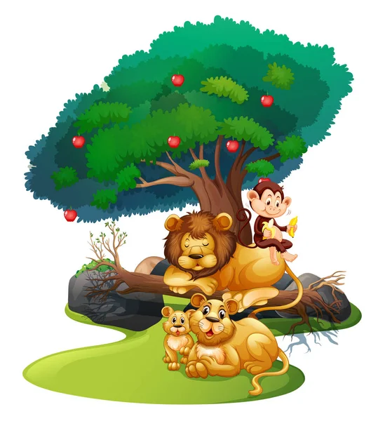 Lion family and monkey in forest — Stock Vector