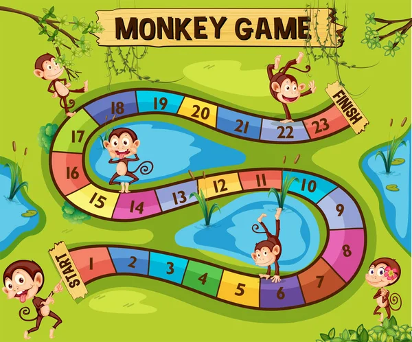 Boardgame template with monkeys in jungle — Stock Vector