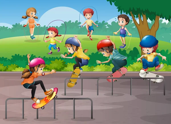 Дети играют в различные виды спорта в парке — стоковый вектор