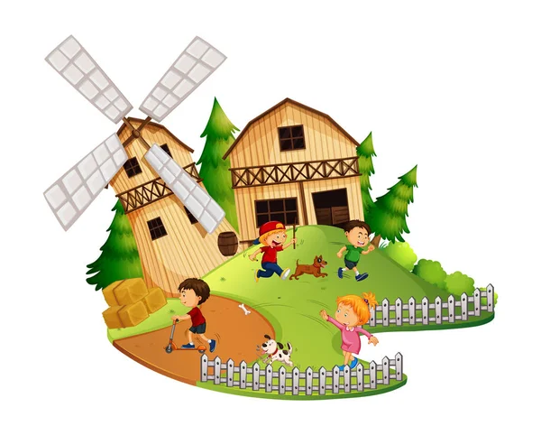 Many kids playing in the farm — Stock Vector