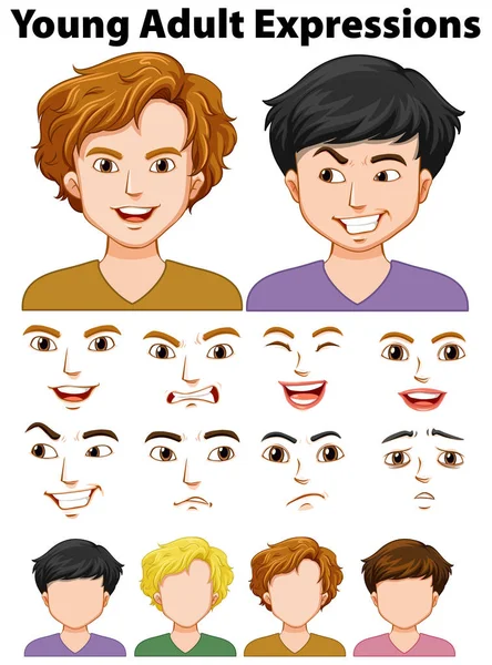 Expressões de jovens com rostos diferentes —  Vetores de Stock