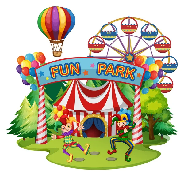Funpark 现场与小丑和游乐设施 — 图库矢量图片