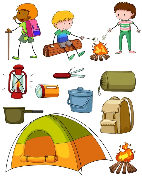 Camping set with campers and tent — Stock Vector