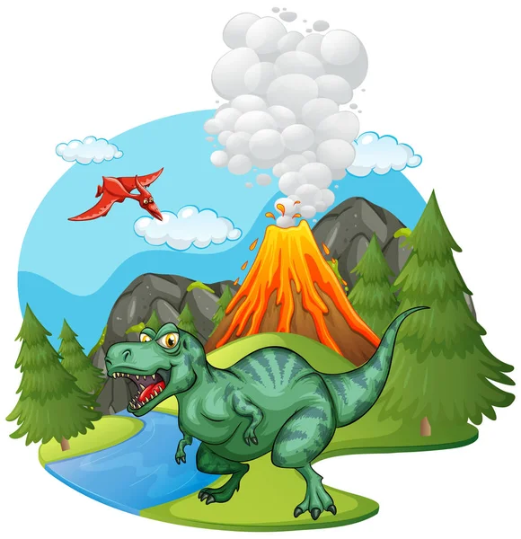 T-Rex rugissant près du volcan — Image vectorielle