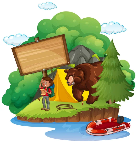 Plantilla de tablero con campista y oso — Vector de stock