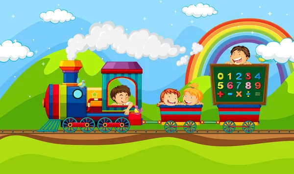 Niños montando en tren — Vector de stock