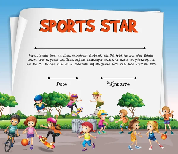 Modello di certificato stella dello sport con bambini che praticano sport — Vettoriale Stock