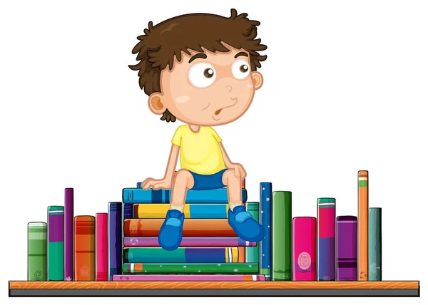 Chłopiec siedzi na kupie książki — Wektor stockowy