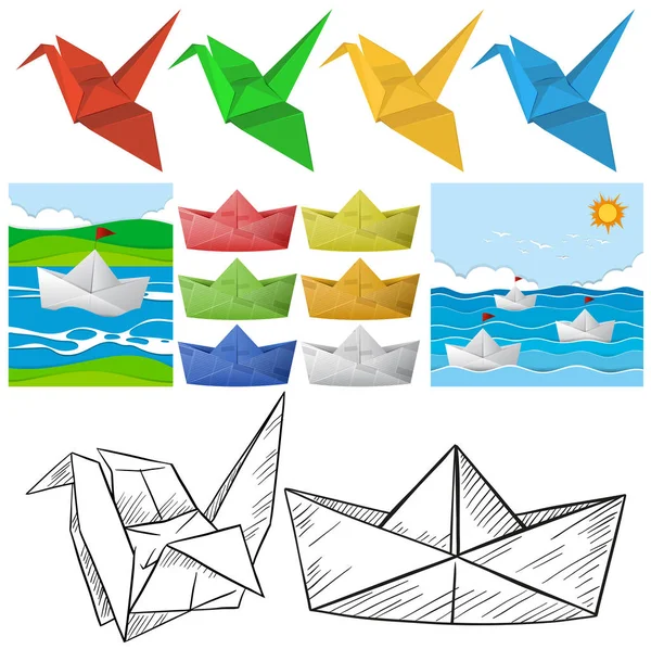 Artesanía en origami con aves y barcos — Vector de stock