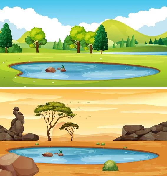 Zwei Szenen mit dem Teich — Stockvektor