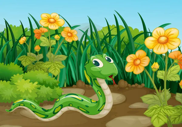 Serpiente verde en el jardín — Vector de stock