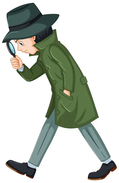 Detektiv v zeleném kabátě s lupou — Stockový vektor