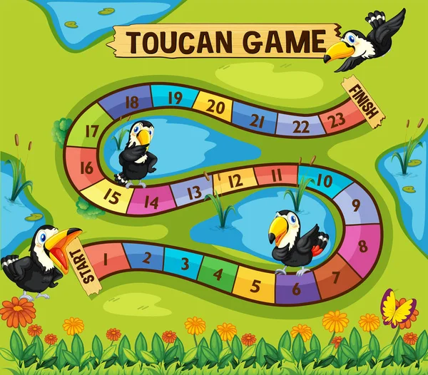 Boardgame template with toucan birds in park — Stock Vector
