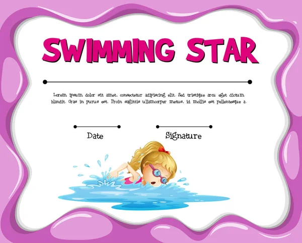 Swimming star certificate template with girl swimming