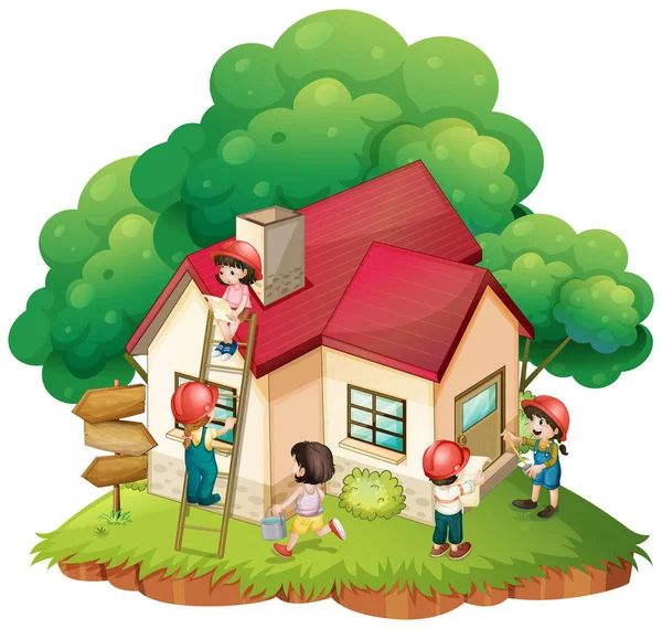 Kinderen bouwen huisje — Stockvector