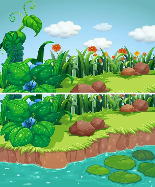 Dvě scény Park s květinami a řeka — Stockový vektor