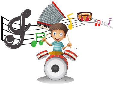 Çocuk drumset müzik notları ile arka planda çalış.