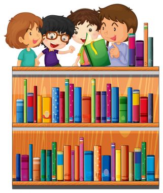 Çocuklar kütüphanede kitap okuyor.