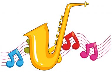 Saksafon ile arka planda müzik notlar