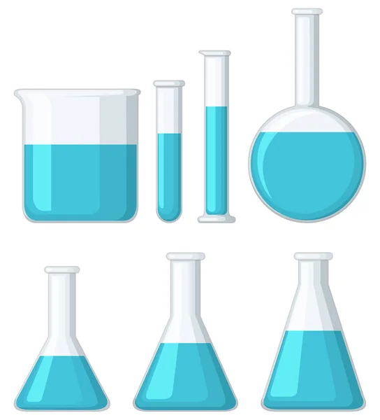 Béchers différents remplis de liquide bleu — Image vectorielle