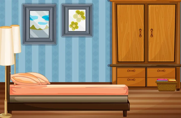 Escena del dormitorio con cama y armario de madera — Vector de stock