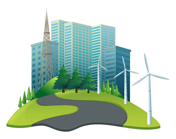 City scene with buildings and turbines — Stock Vector