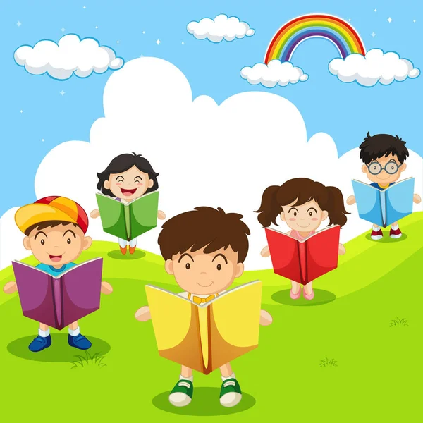 Щасливі діти читають книги в парку — стоковий вектор
