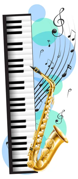 Pianoforte e sassofono con note musicali in sottofondo — Vettoriale Stock