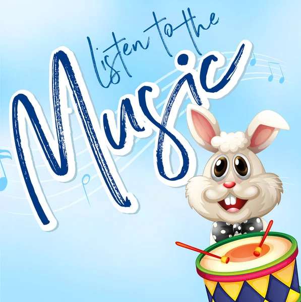 Bunny playing drum with music notes in background — Stock Vector