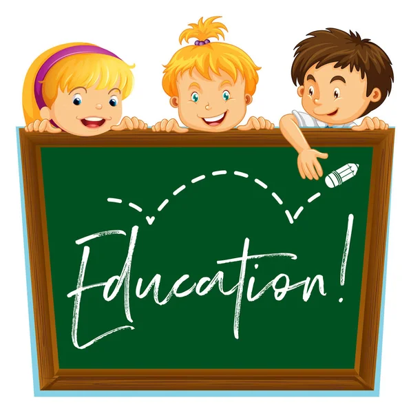 Three kids and board with word education — Stock Vector