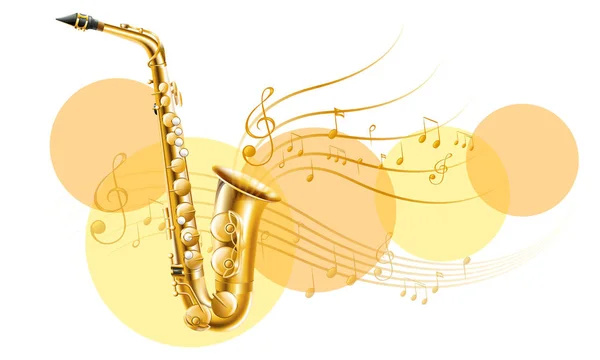 Saxofón dorado con notas musicales — Vector de stock