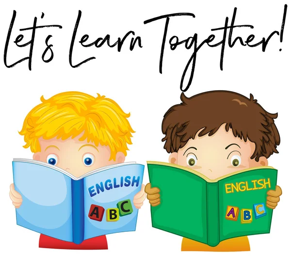 Boys reading book with phrase let's learn together — Stock Vector
