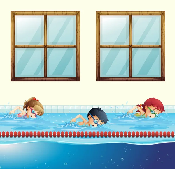 Three kids swimming in the pool