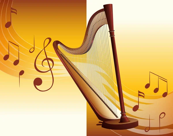 Classic harp with music notes in background — Stock Vector