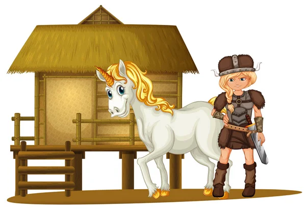 Female viking and unicorn by the wooden hut — Stock Vector