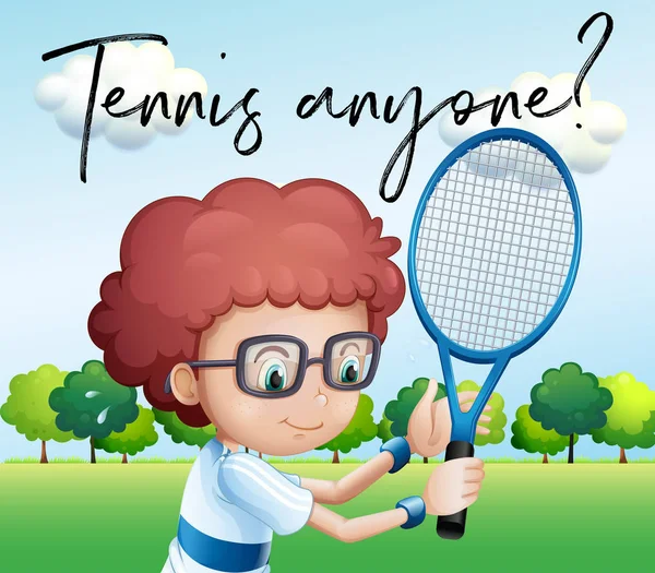 Little boy with tennis racket and phrase tennis anyone
