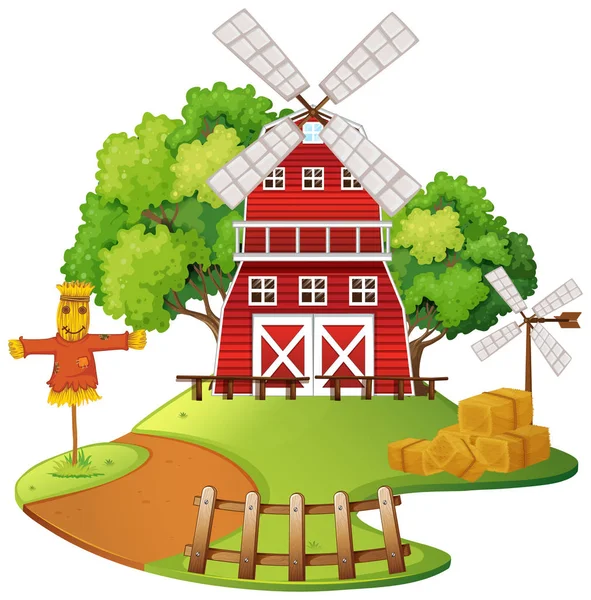 Granja con molino de viento y espantapájaros — Vector de stock